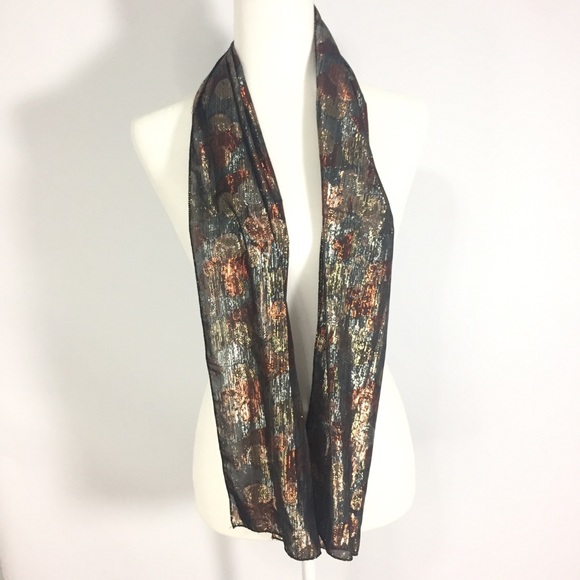 Vintage Scarf Metallic Silver Gold Copper Black Warm Fall Colors - Picture 5 of 13